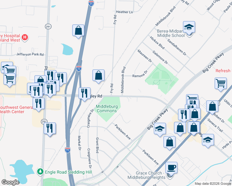 map of restaurants, bars, coffee shops, grocery stores, and more near 16449 Bagley Road in Cleveland