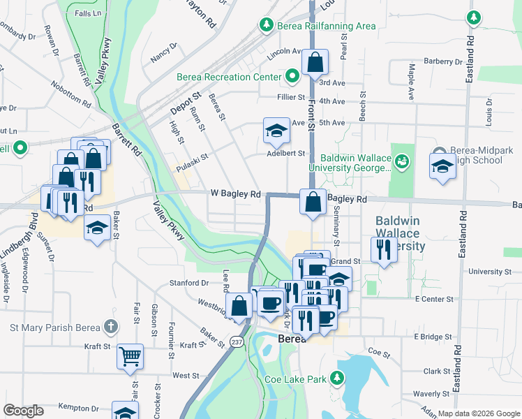 map of restaurants, bars, coffee shops, grocery stores, and more near 85 Murphy Street in Berea