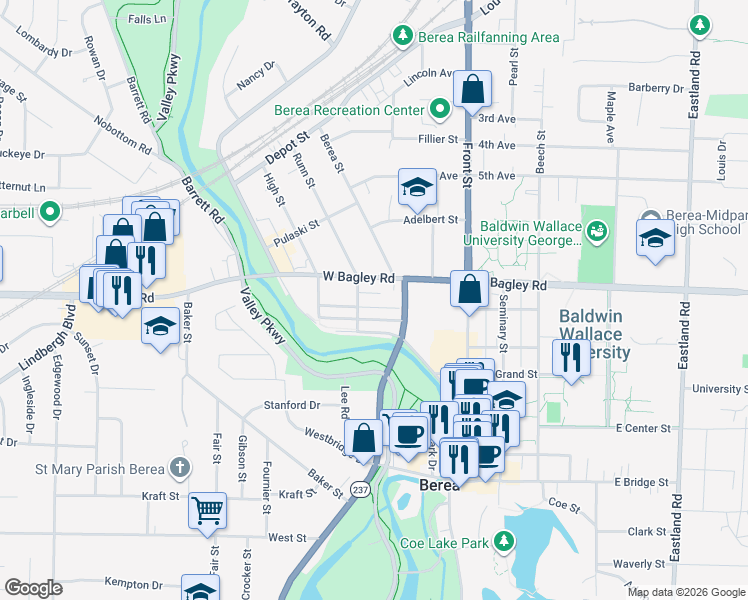 map of restaurants, bars, coffee shops, grocery stores, and more near 85 Murphy Street in Berea