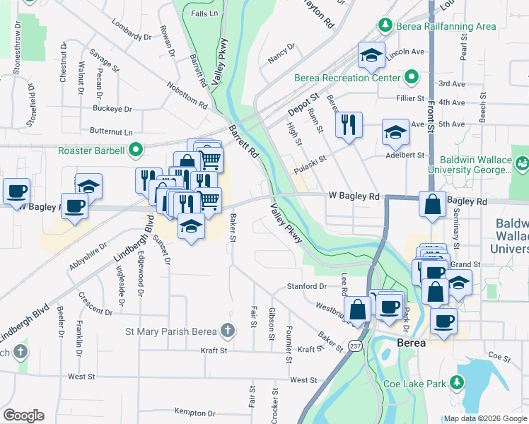 map of restaurants, bars, coffee shops, grocery stores, and more near 336 Westbridge Drive in Berea
