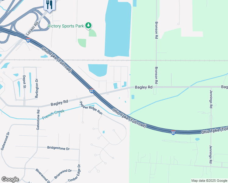 map of restaurants, bars, coffee shops, grocery stores, and more near 31915 Bagley Road in North Ridgeville