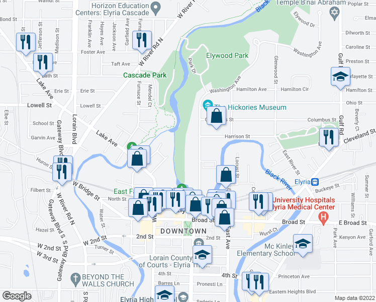 map of restaurants, bars, coffee shops, grocery stores, and more near 290 Washington Avenue in Elyria