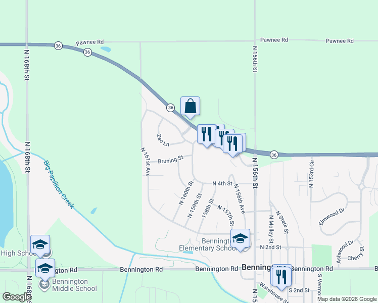 map of restaurants, bars, coffee shops, grocery stores, and more near 12313 North 160th Street in Bennington