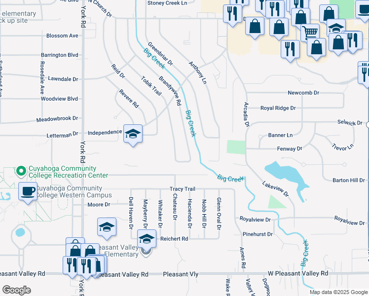 map of restaurants, bars, coffee shops, grocery stores, and more near 7050 Brandywine Road in Parma Heights