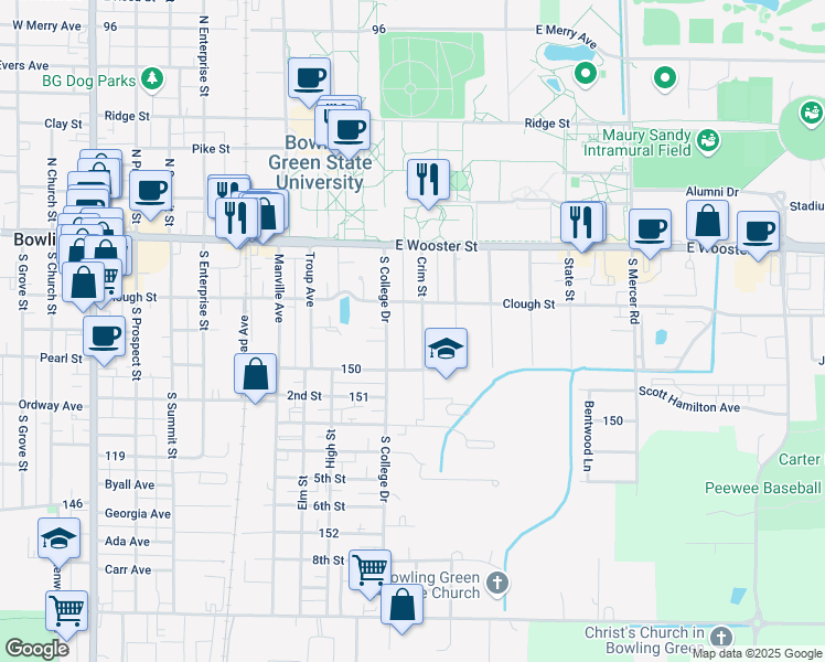 map of restaurants, bars, coffee shops, grocery stores, and more near 247 South College Drive in Bowling Green