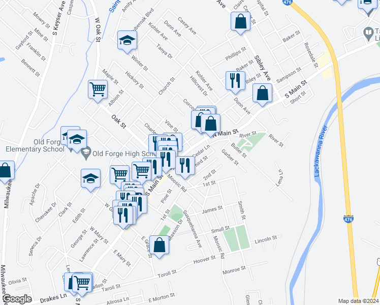 map of restaurants, bars, coffee shops, grocery stores, and more near 166 North Main Street in Old Forge