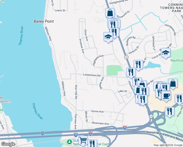 map of restaurants, bars, coffee shops, grocery stores, and more near 162 Lestertown Road in Groton