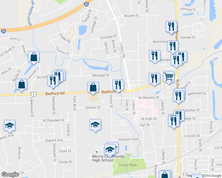 map of restaurants, bars, coffee shops, grocery stores, and more near 517 Michael Drive in Morris