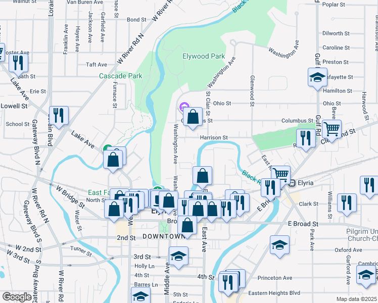 map of restaurants, bars, coffee shops, grocery stores, and more near 301 Washington Avenue in Elyria