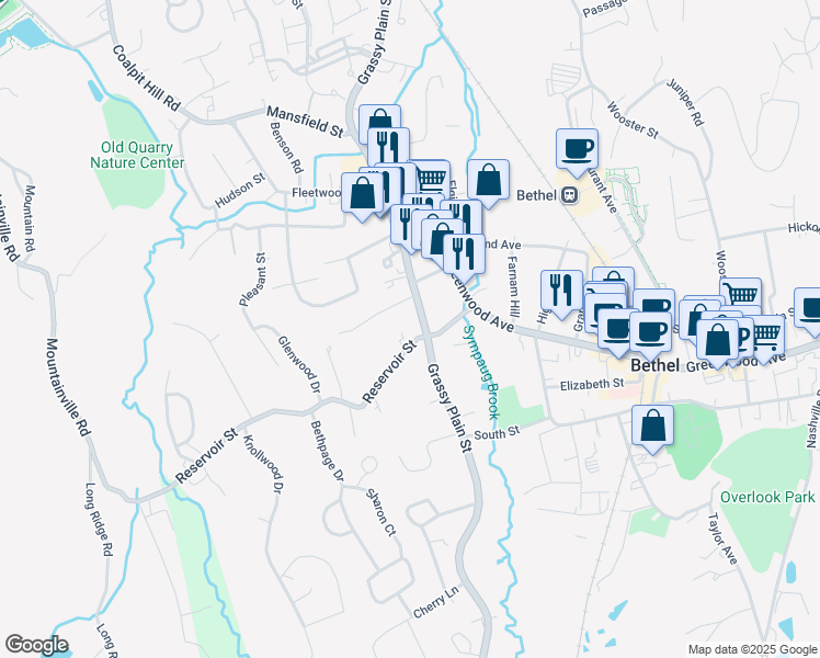 map of restaurants, bars, coffee shops, grocery stores, and more near 67 Grassy Plain Street in Bethel