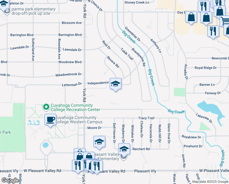 map of restaurants, bars, coffee shops, grocery stores, and more near 9999 Independence Boulevard in Parma Heights