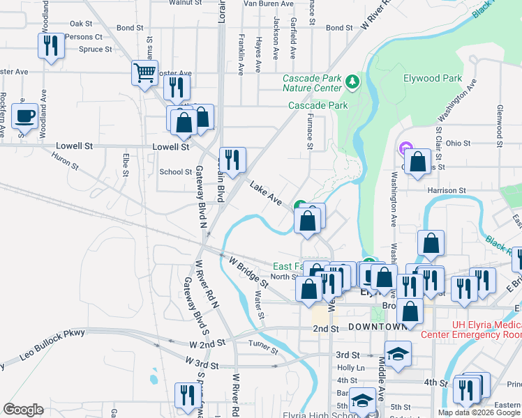 map of restaurants, bars, coffee shops, grocery stores, and more near 122 Neufer Court in Elyria