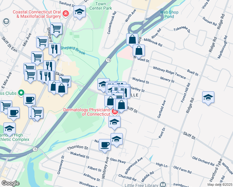 map of restaurants, bars, coffee shops, grocery stores, and more near 223 Skiff Street in Hamden