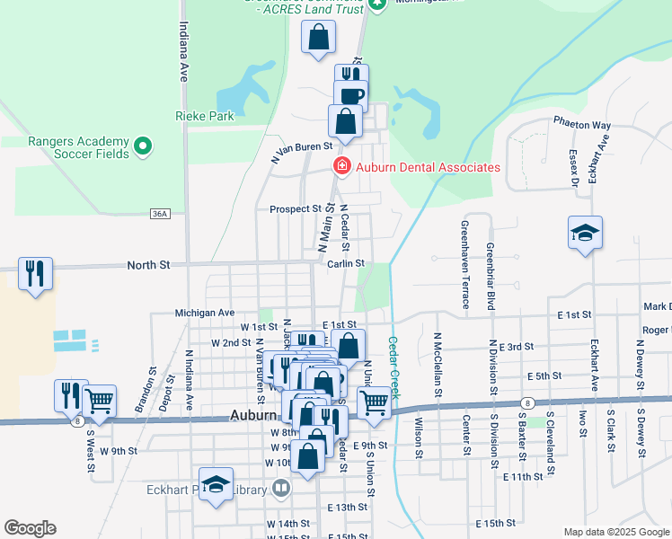 map of restaurants, bars, coffee shops, grocery stores, and more near 718 North Cedar Street in Auburn