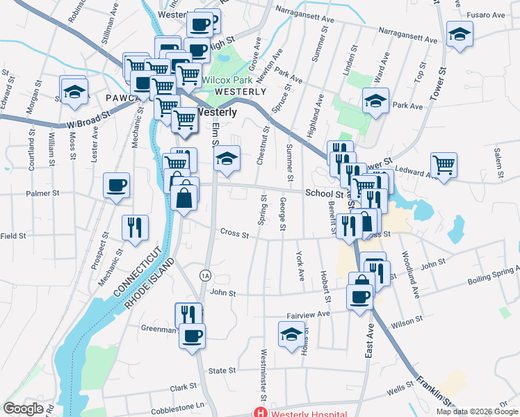 map of restaurants, bars, coffee shops, grocery stores, and more near 20 Spring Street in Westerly
