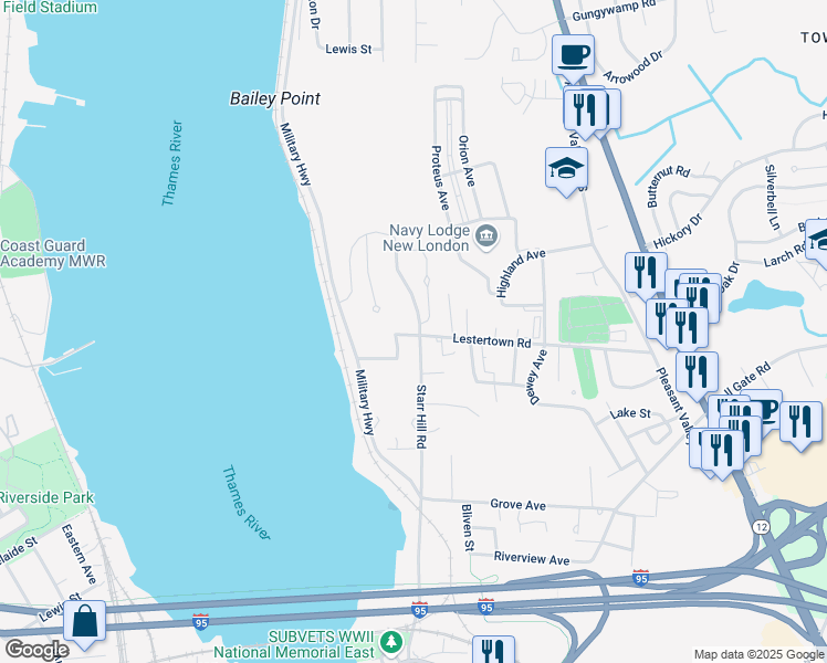 map of restaurants, bars, coffee shops, grocery stores, and more near 150 Starr Hill Road in Groton
