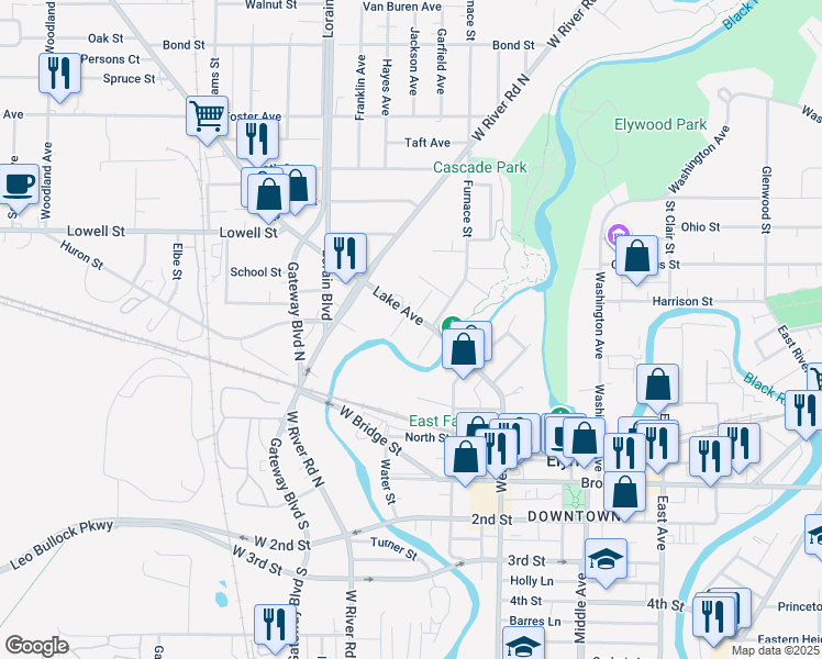 map of restaurants, bars, coffee shops, grocery stores, and more near 122 Neufer Court in Elyria
