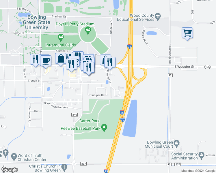 map of restaurants, bars, coffee shops, grocery stores, and more near 227 Holley Drive in Bowling Green