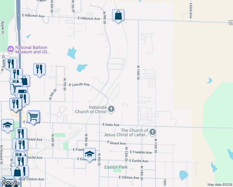 map of restaurants, bars, coffee shops, grocery stores, and more near 1210 North 9th Street in Indianola