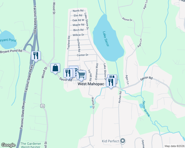 map of restaurants, bars, coffee shops, grocery stores, and more near in West Mahopac