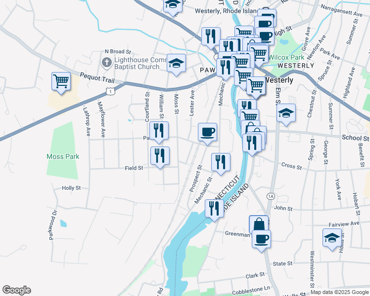 map of restaurants, bars, coffee shops, grocery stores, and more near 38 Moss Street in Stonington