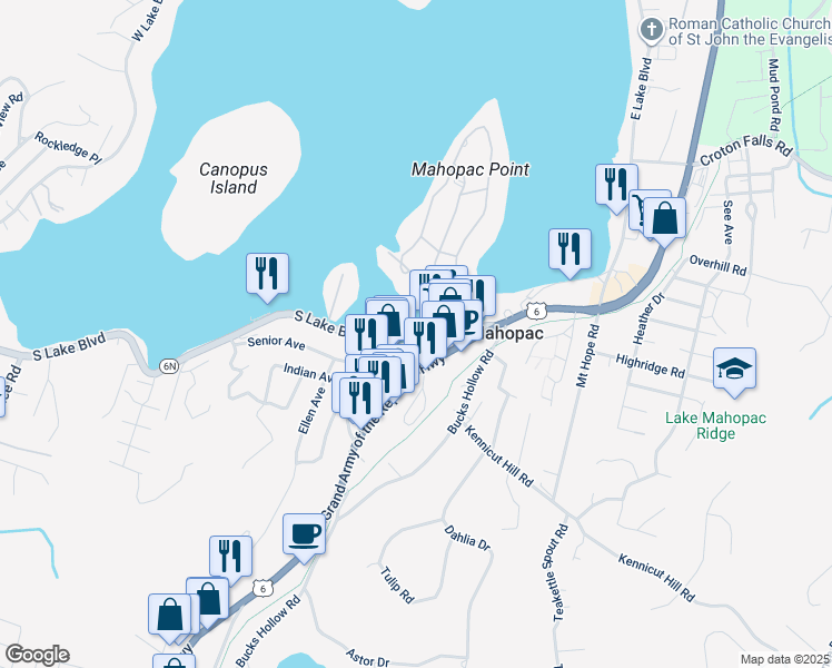 map of restaurants, bars, coffee shops, grocery stores, and more near 897 South Lake Boulevard in Mahopac