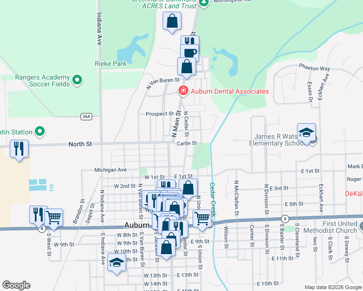 map of restaurants, bars, coffee shops, grocery stores, and more near 801-899 N Cedar St in Auburn