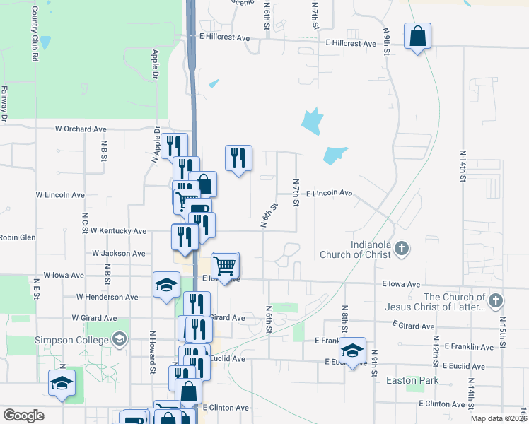 map of restaurants, bars, coffee shops, grocery stores, and more near 1207 North 6th Street in Indianola