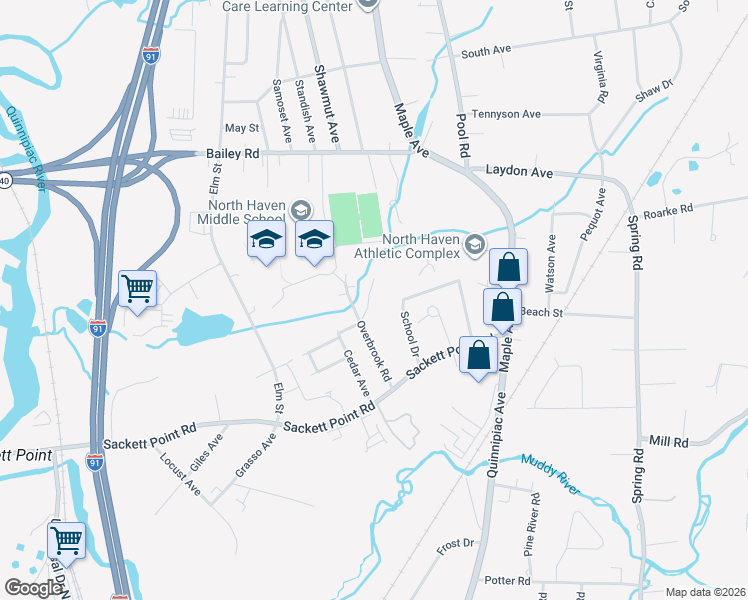 map of restaurants, bars, coffee shops, grocery stores, and more near 53 Waterbury Road in North Haven
