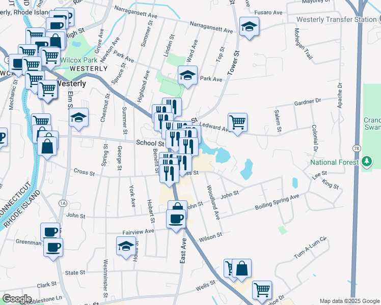 map of restaurants, bars, coffee shops, grocery stores, and more near 15 Tower Street in Westerly
