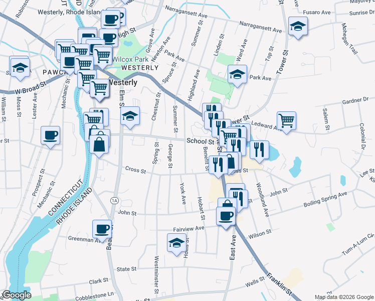 map of restaurants, bars, coffee shops, grocery stores, and more near 60 School Street in Westerly