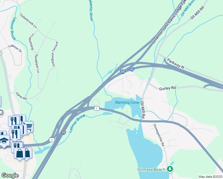 map of restaurants, bars, coffee shops, grocery stores, and more near 33 Gurley Road in East Lyme