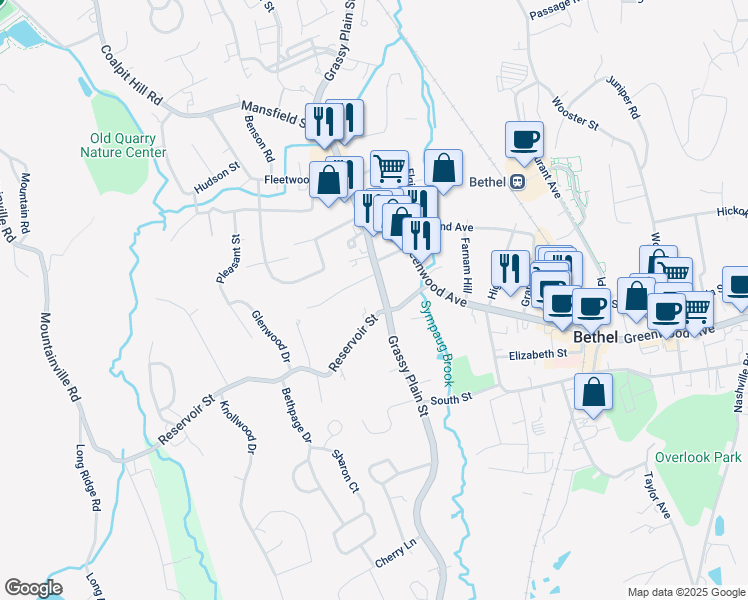 map of restaurants, bars, coffee shops, grocery stores, and more near 68 Grassy Plain Street in Bethel
