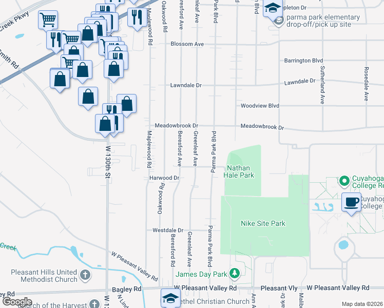 map of restaurants, bars, coffee shops, grocery stores, and more near 7021 Beresford Avenue in Parma Heights