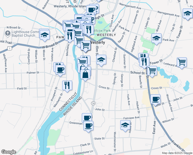 map of restaurants, bars, coffee shops, grocery stores, and more near Elm Street in Westerly