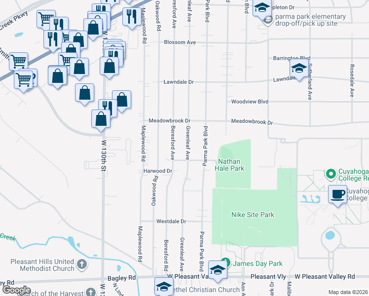 map of restaurants, bars, coffee shops, grocery stores, and more near 7021 Beresford Avenue in Parma Heights