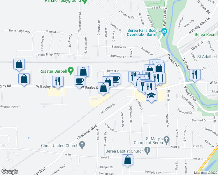 map of restaurants, bars, coffee shops, grocery stores, and more near West Bagley Road in Berea