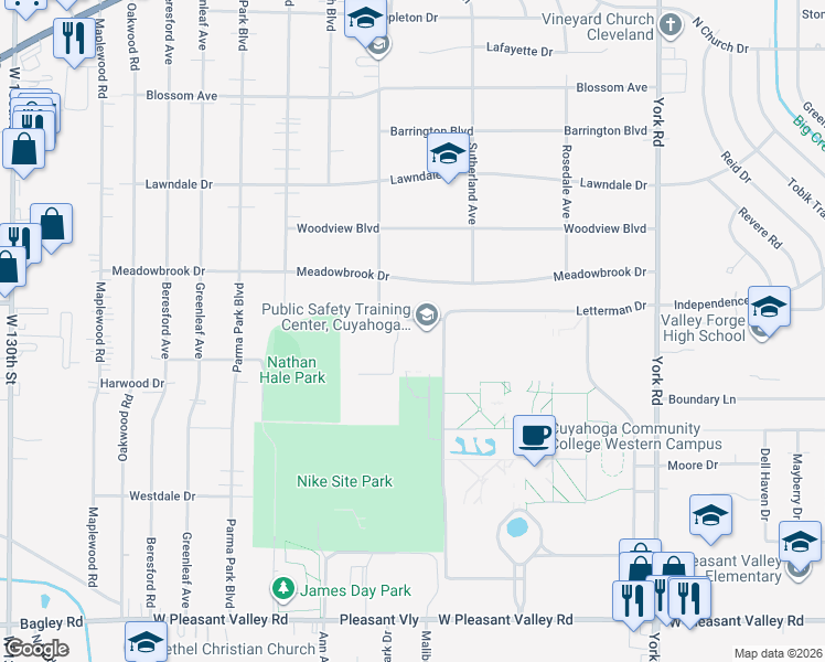 map of restaurants, bars, coffee shops, grocery stores, and more near 7029 Homewood Avenue in Parma Heights