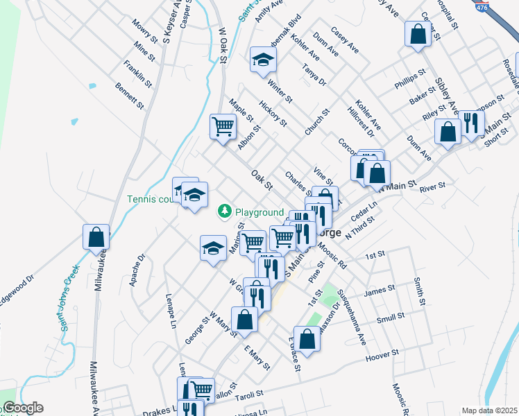 map of restaurants, bars, coffee shops, grocery stores, and more near 182 Sussex Street in Old Forge