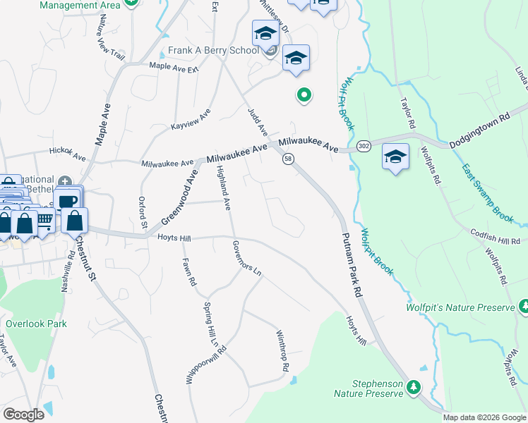 map of restaurants, bars, coffee shops, grocery stores, and more near 10 Midway Drive in Bethel