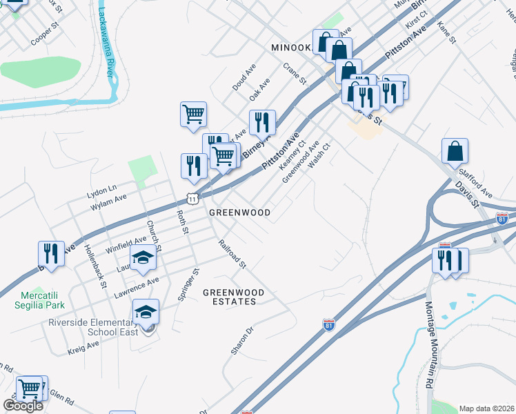 map of restaurants, bars, coffee shops, grocery stores, and more near 3342 Greenwood Avenue in Moosic