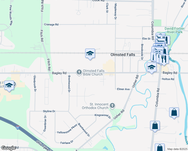 map of restaurants, bars, coffee shops, grocery stores, and more near 26405 Bagley Road in Olmsted Falls