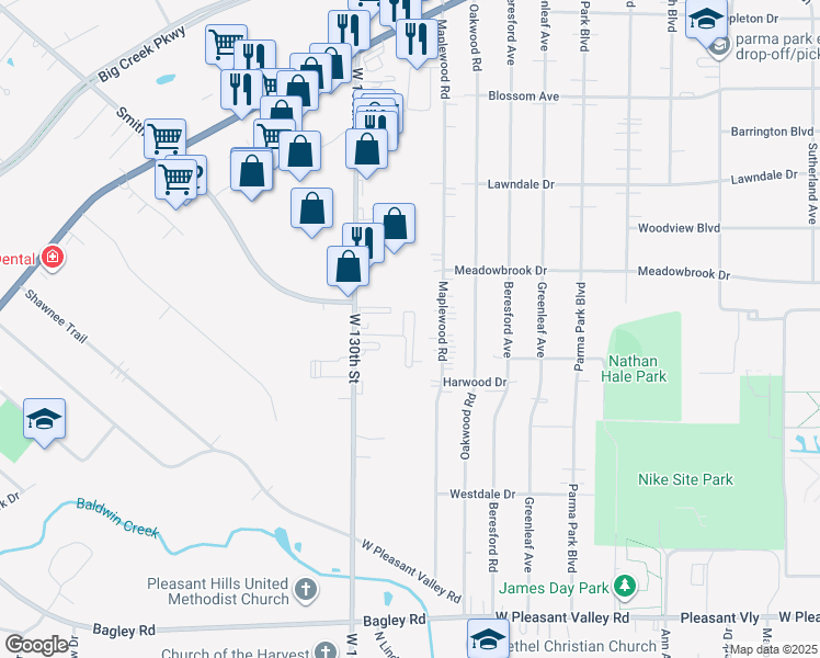 map of restaurants, bars, coffee shops, grocery stores, and more near 7121 West 130th Street in Parma Heights