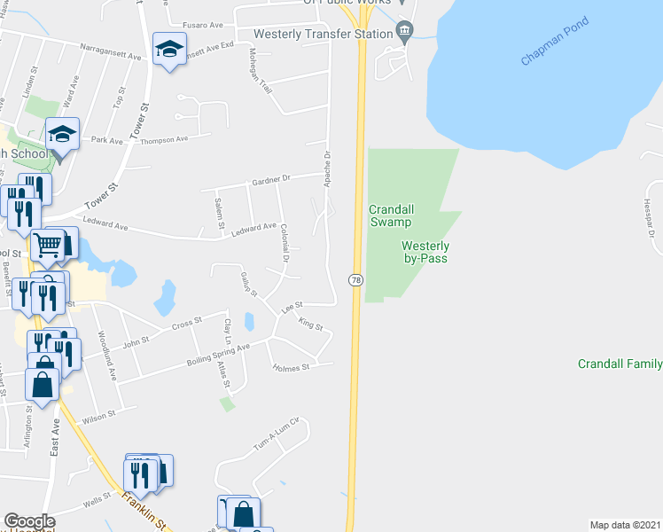 map of restaurants, bars, coffee shops, grocery stores, and more near 12 Apache Drive in Westerly