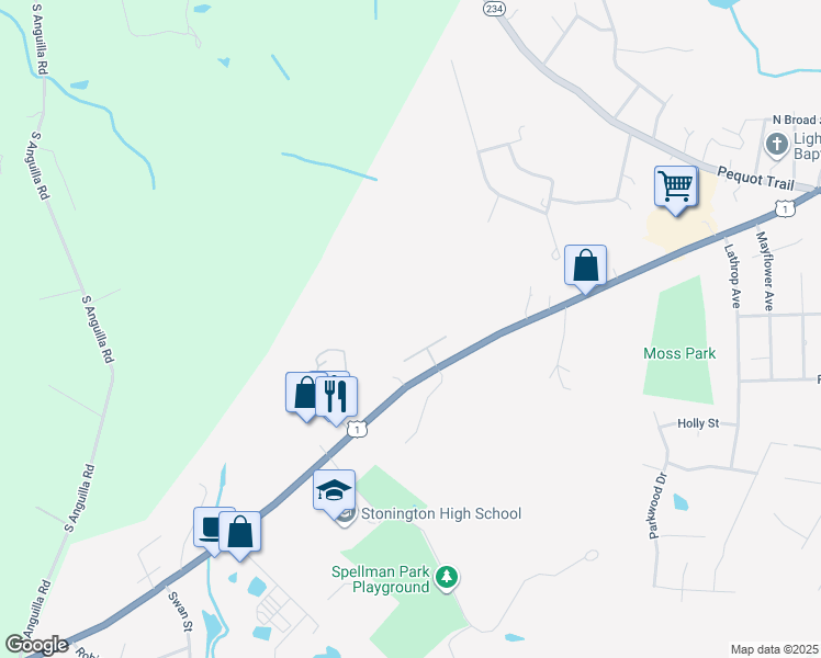 map of restaurants, bars, coffee shops, grocery stores, and more near 133 South Broad Street in Stonington