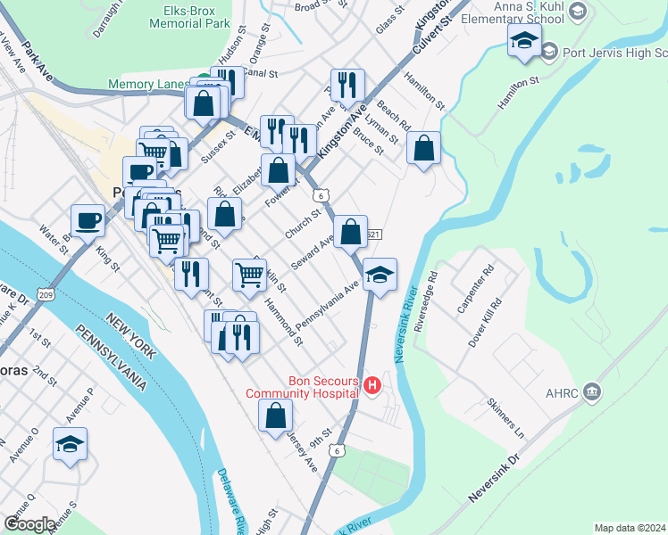 map of restaurants, bars, coffee shops, grocery stores, and more near 91 East Main Street in Port Jervis