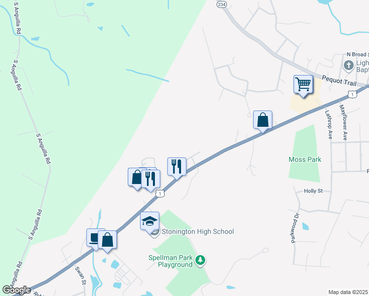 map of restaurants, bars, coffee shops, grocery stores, and more near 133 South Broad Street in Stonington