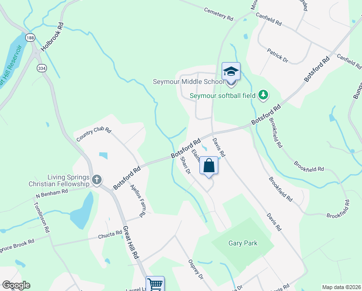 map of restaurants, bars, coffee shops, grocery stores, and more near 132 Botsford Road in Seymour