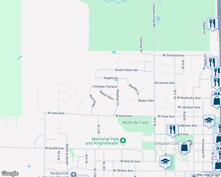 map of restaurants, bars, coffee shops, grocery stores, and more near 1004 Caroline Terrace in Indianola