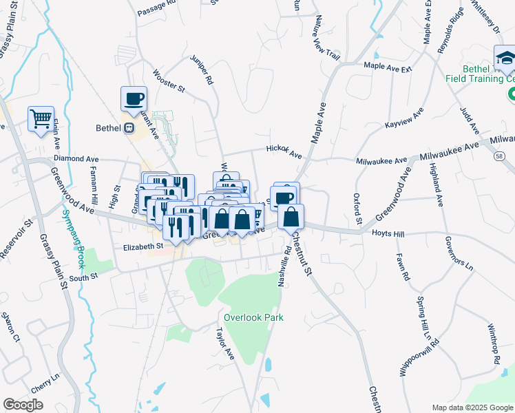 map of restaurants, bars, coffee shops, grocery stores, and more near 99 Seeley Street in Bethel